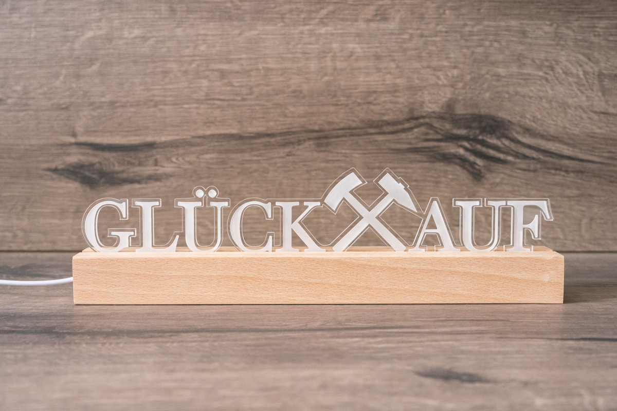 LED-Acrylglaslampe mit Holzsockel: Schriftzug „GLÜCK AUF“ mit Schlägel & Eisen, warmweißes Licht (USB).